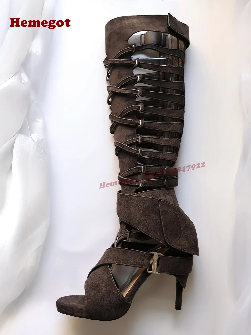 High Knee Heel Boots - Open Toe Stiletto Heels Cut Out